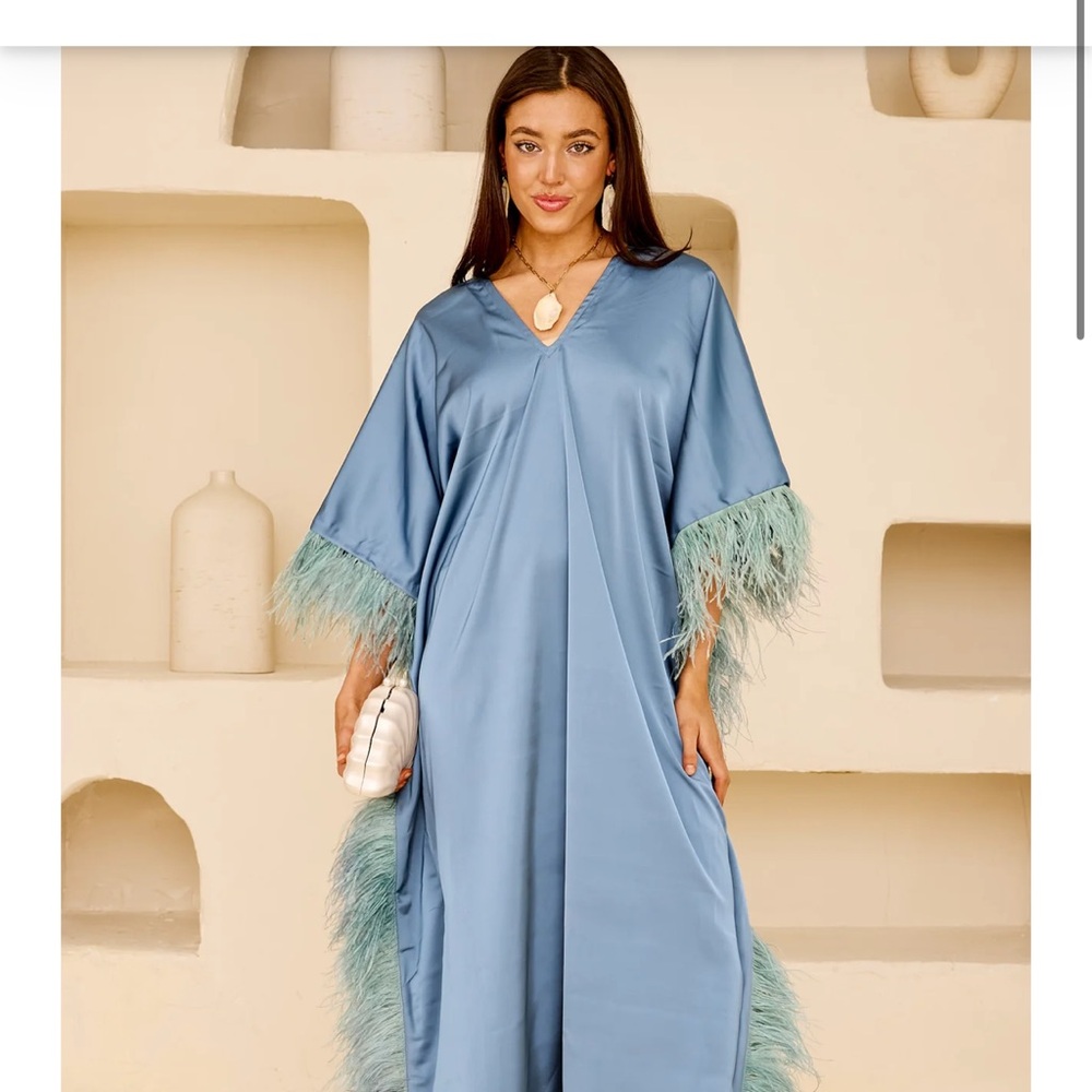 Elegant Blue Kaftan with Feather Trim